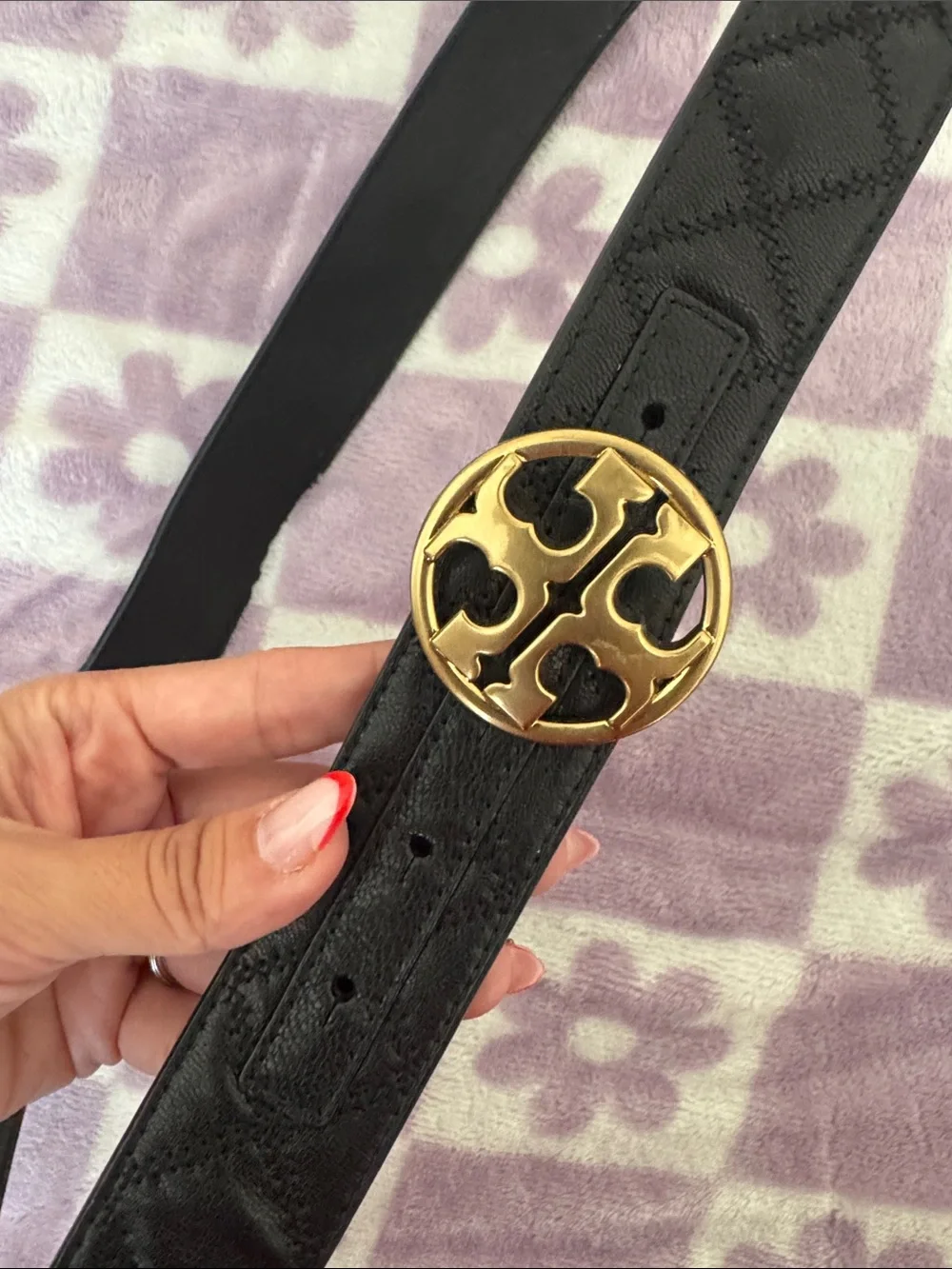 Tory Burch Black Quilted Leather Belt with Gold Logo Buckle